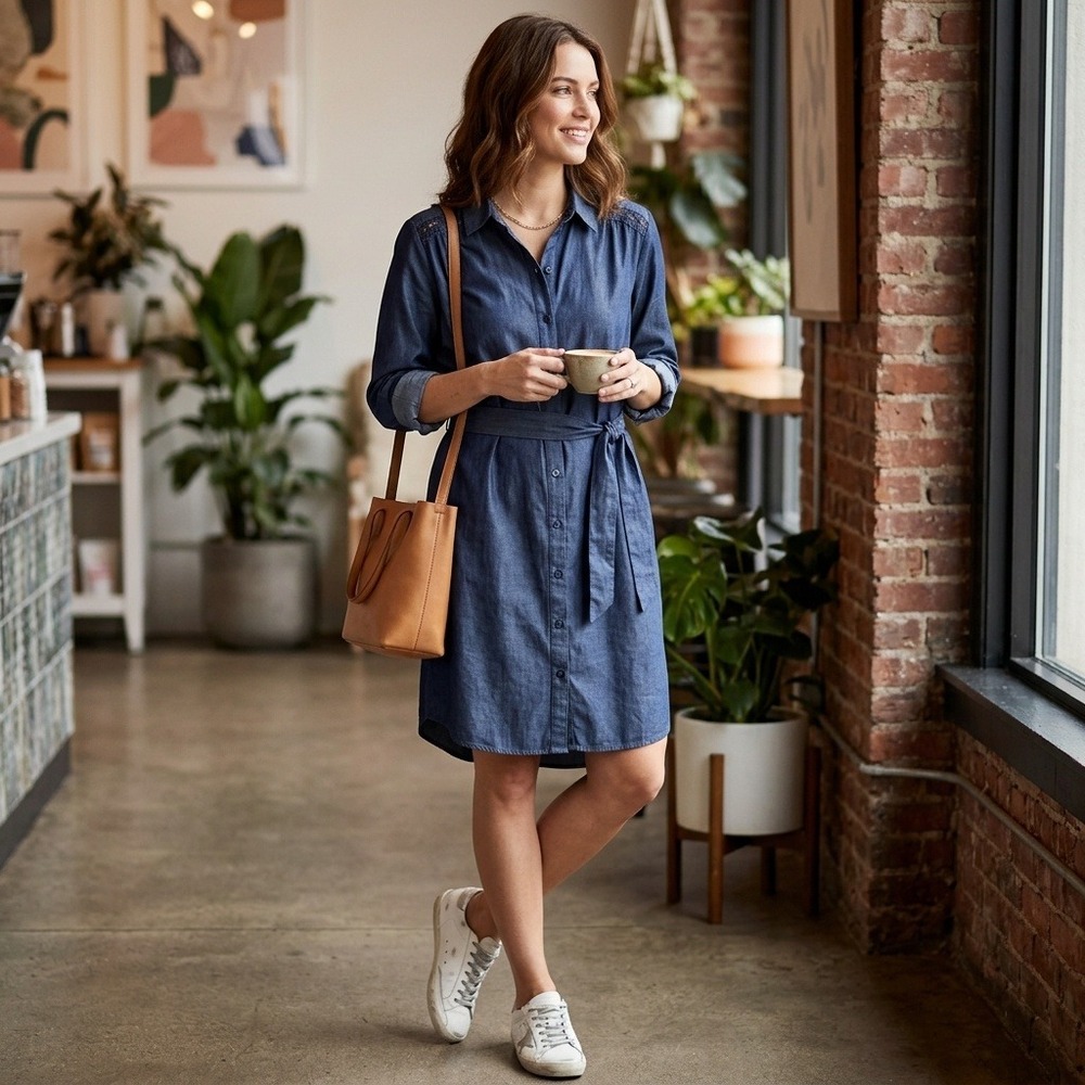 Time‎ and Tru Chambray Shirt Dress XL 16-18 Blue Button Up Long Roll Tab Sleeve